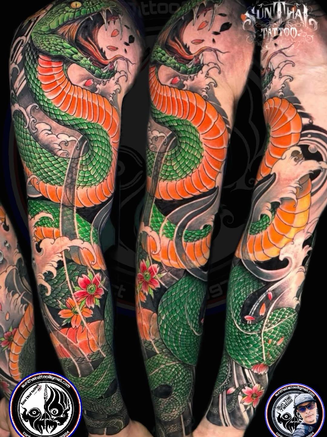 Colour Japanese green snake full sleeve tattoo